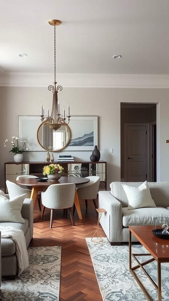 A cozy living room and dining room combo featuring elegant decor and a large round mirror.