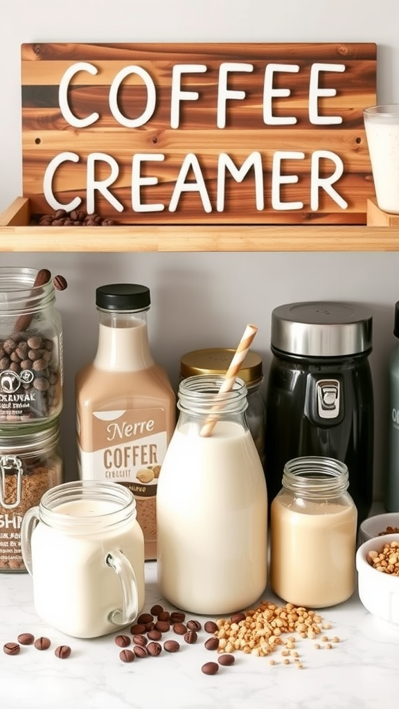 A stylish coffee creamer station featuring various creamers, sweeteners, and utensils.