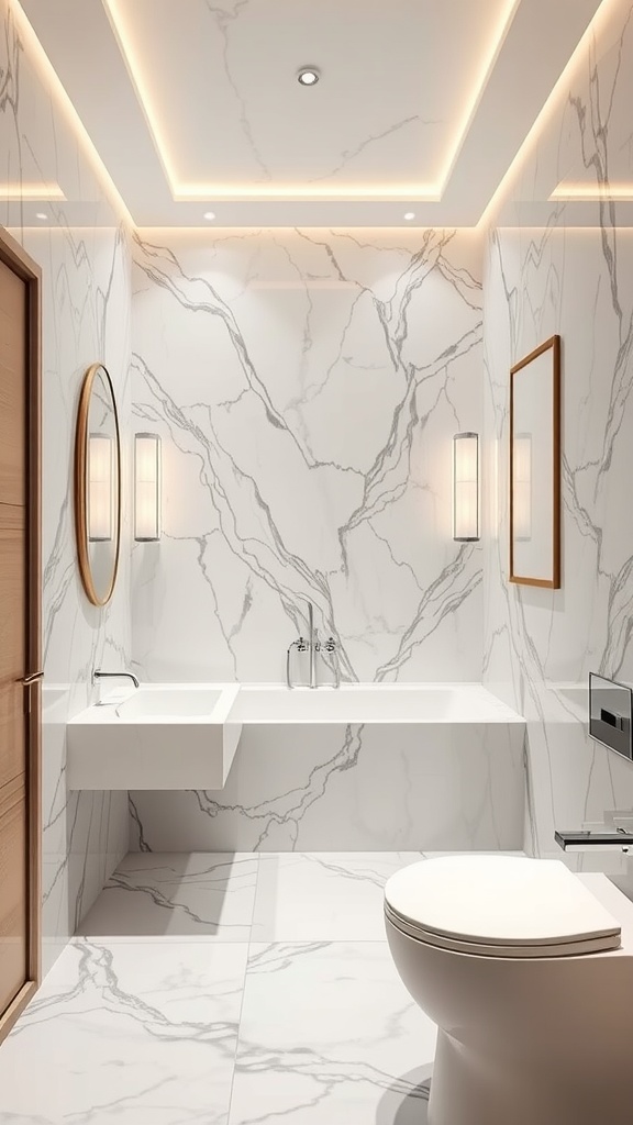 Elegant bathroom with marble effect tiles and modern fixtures