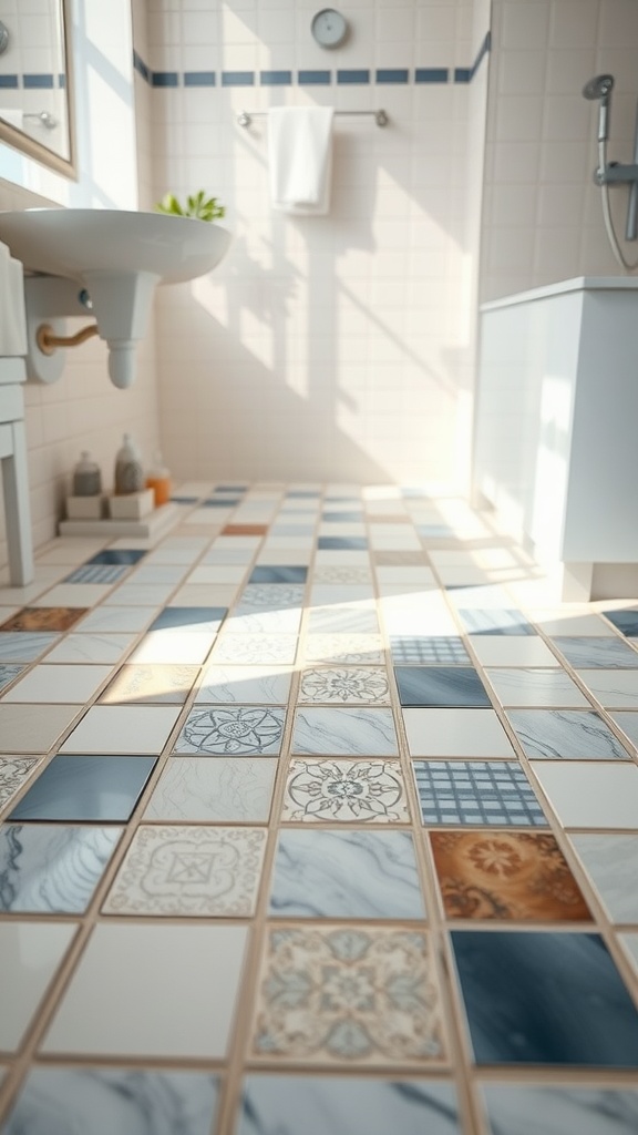 Bathroom with ceramic tile flooring featuring a mix of patterns and colors.
