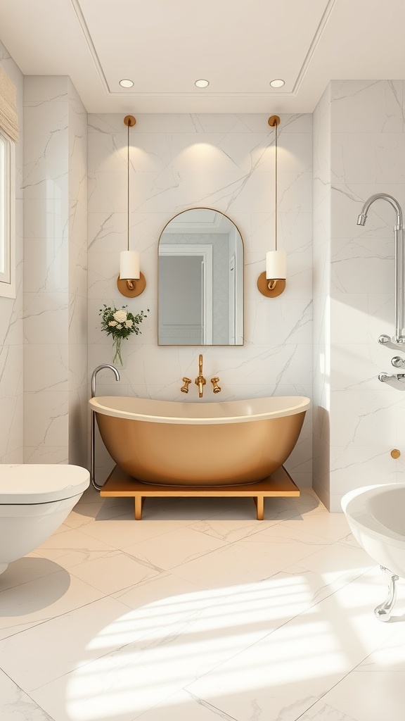 A stylish bathroom featuring luxury vinyl tiles, a modern bathtub, and elegant lighting.