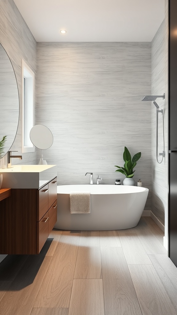 A modern bathroom featuring waterproof vinyl plank flooring, a freestanding bathtub, and a stylish vanity.