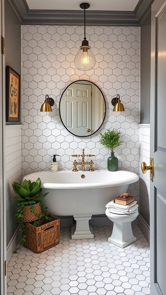 A stylish bathroom featuring classic hexagon tiles, a freestanding bathtub, and elegant lighting.