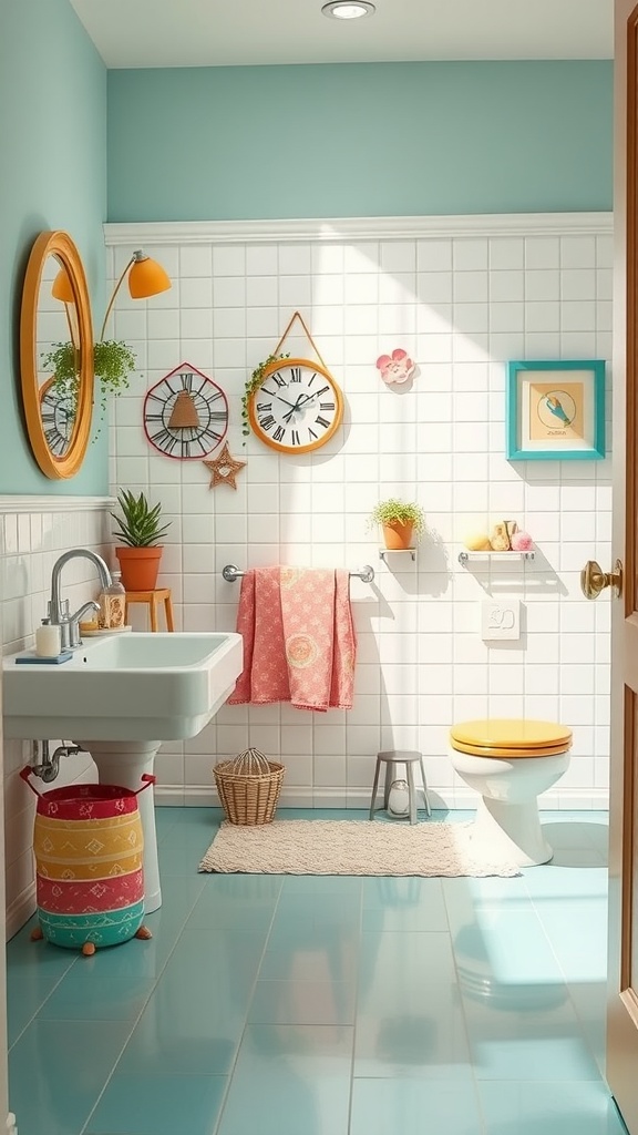 A bright and cheerful bathroom featuring colorful vinyl flooring and lively decor.