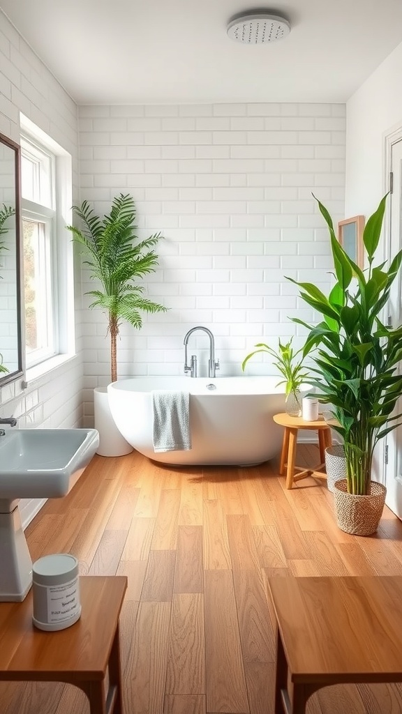 A bright and modern bathroom featuring bamboo flooring, a freestanding bathtub, and potted plants.