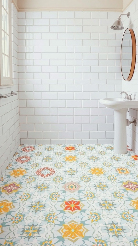 Colorful patterned peel-and-stick tiles on a bathroom floor