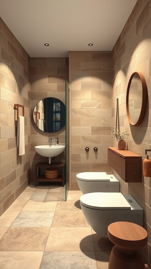 A modern bathroom featuring natural clay tiles, a round mirror, and a sleek sink.