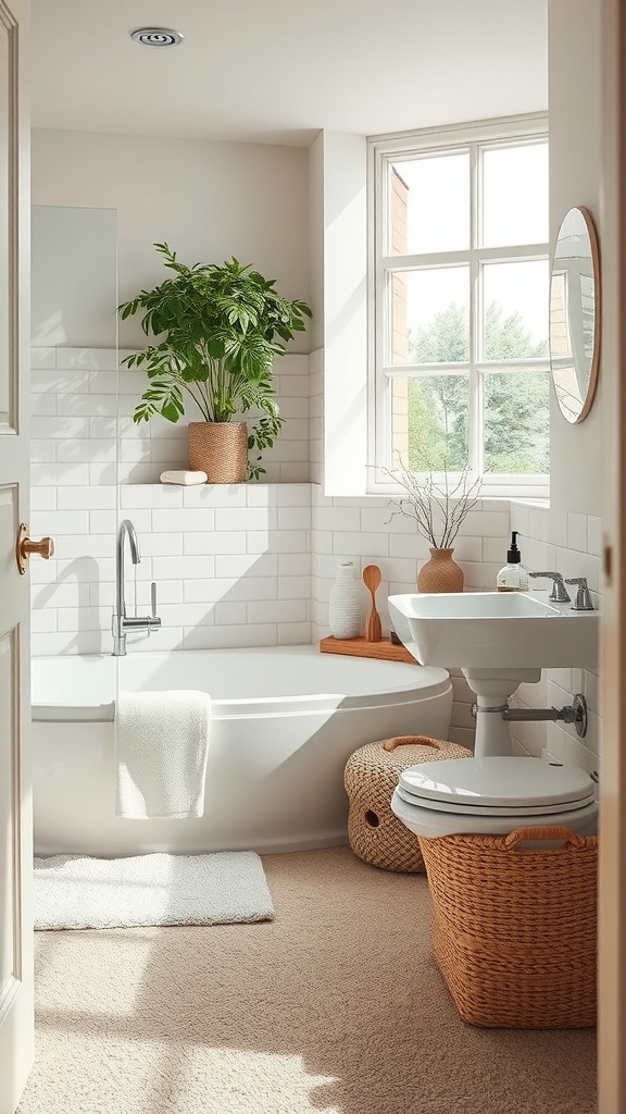 A bright, modern bathroom featuring soft carpet flooring, a bathtub, and natural decor.