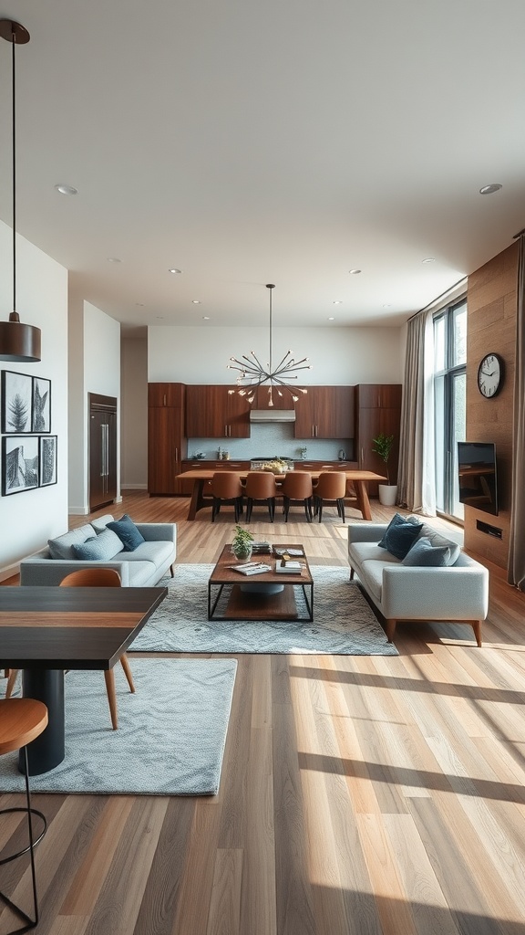 A modern open concept living room and dining room with stylish furniture and warm wood flooring.