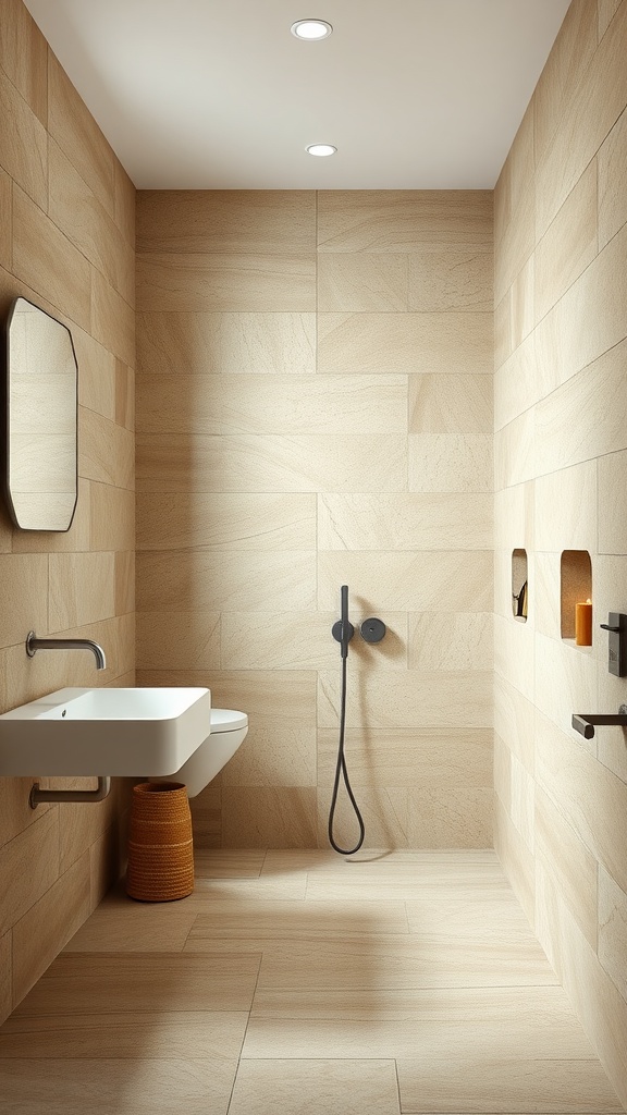 A modern bathroom featuring light stone tiles on the walls and floor, with a sleek white sink and black fixtures.