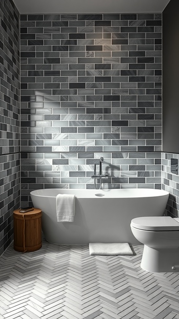 A stylish bathroom featuring a herringbone tile floor and modern fixtures.