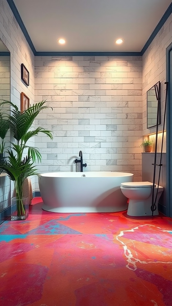 A brightly colored stained concrete bathroom floor with pink and blue patterns.