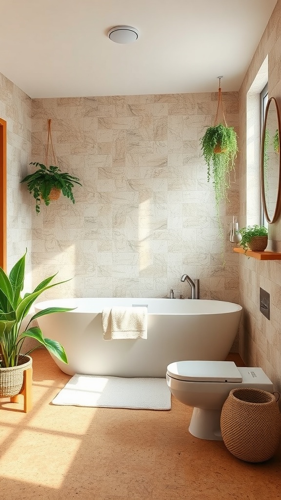 A modern bathroom featuring eco-friendly cork flooring, a freestanding bathtub, and greenery.