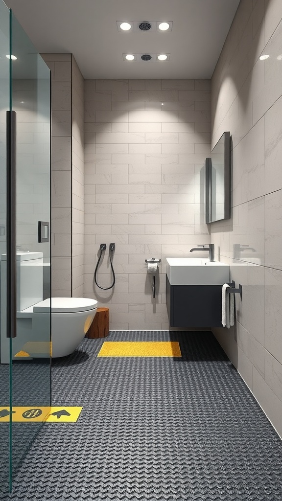A modern bathroom featuring textured rubber flooring, a glass shower, and contemporary fixtures.