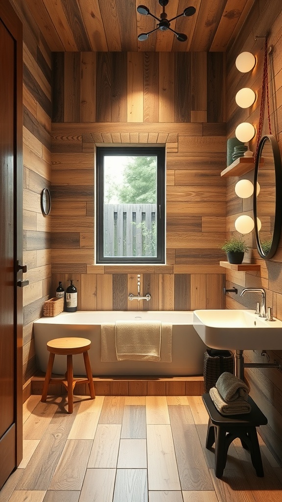 A cozy bathroom with rustic wood-look tile flooring and wooden wall paneling.