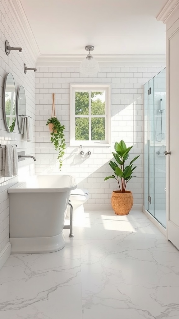 Bright and modern bathroom with white tiles and marble effect flooring