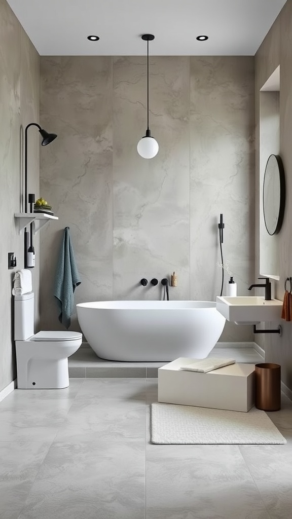 A modern bathroom featuring concrete flooring, a freestanding bathtub, and sleek fixtures.