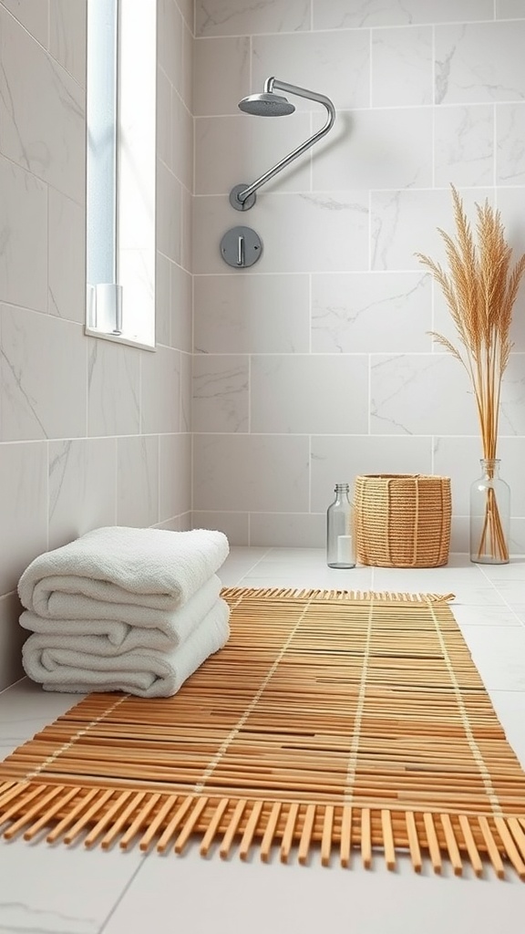 A bamboo mat placed in a bright bathroom with towels and decorative elements.