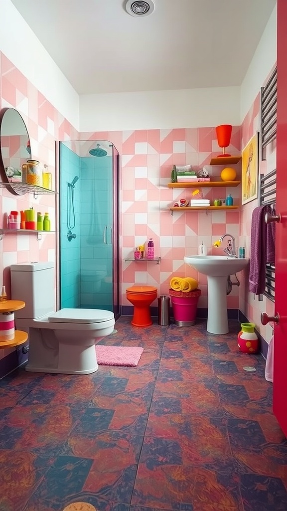 Bright and colorful bathroom with rubber flooring and modern decor.
