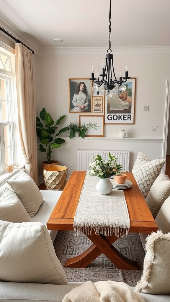 A cozy living room and dining room combo featuring a wooden table, plush cushions, and decorative textiles.