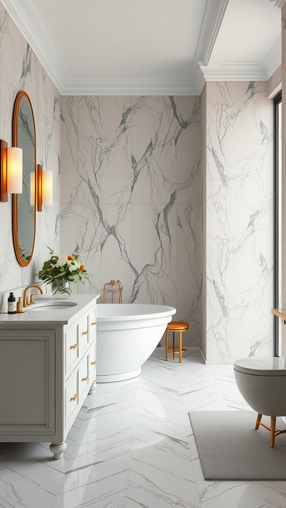 A modern bathroom featuring luxury vinyl tile flooring with a marble-like design, a freestanding tub, and elegant fixtures.