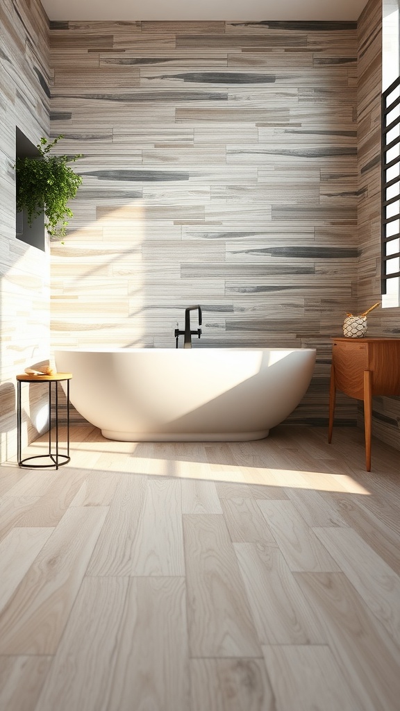 Modern bathroom with vinyl plank flooring, a freestanding bathtub, and stylish decor.