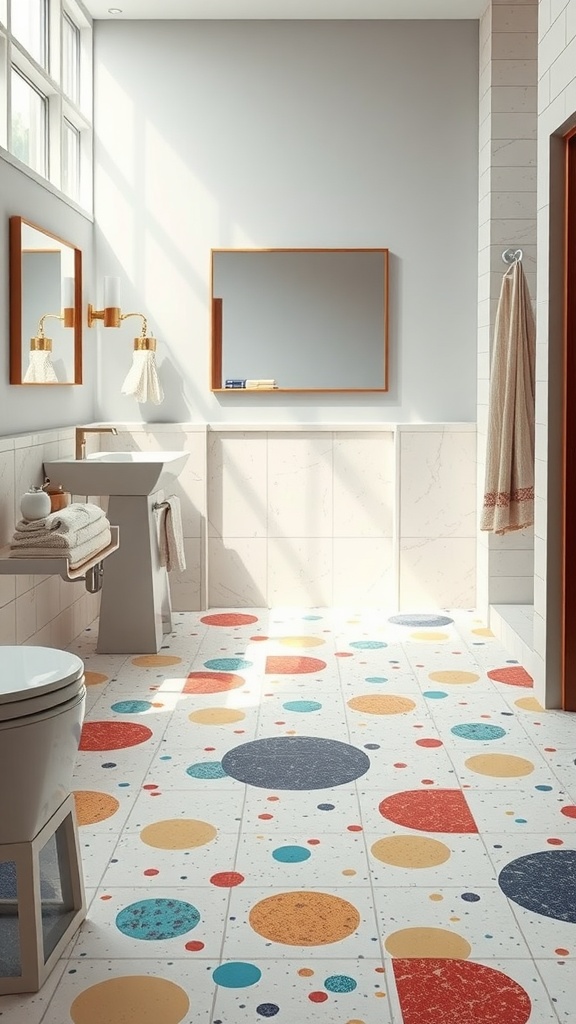 A bright bathroom featuring colorful terrazzo flooring with various shapes and colors.