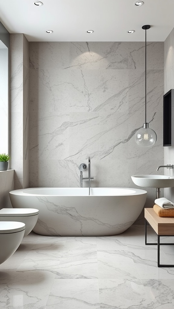 Stylish bathroom featuring natural stone slabs, a freestanding tub, and modern fixtures.