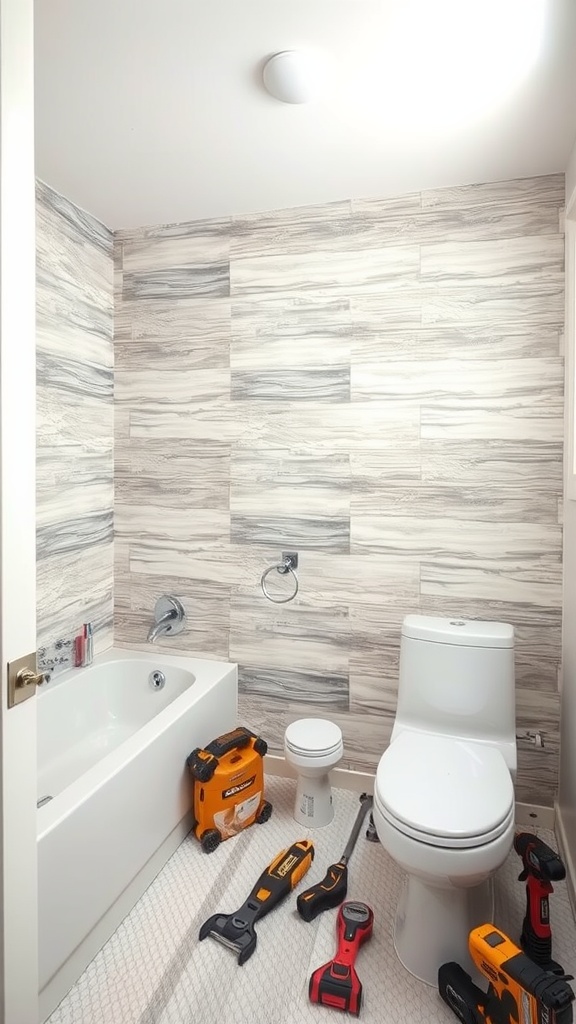A bathroom with self-adhesive vinyl planks and tools scattered on the floor.