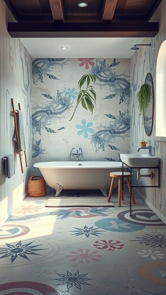 A bright bathroom with painted concrete flooring featuring colorful designs.