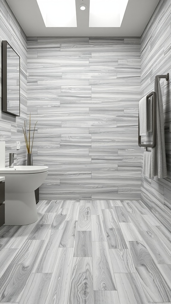 Modern bathroom with water-resistant laminate flooring featuring light wood design.