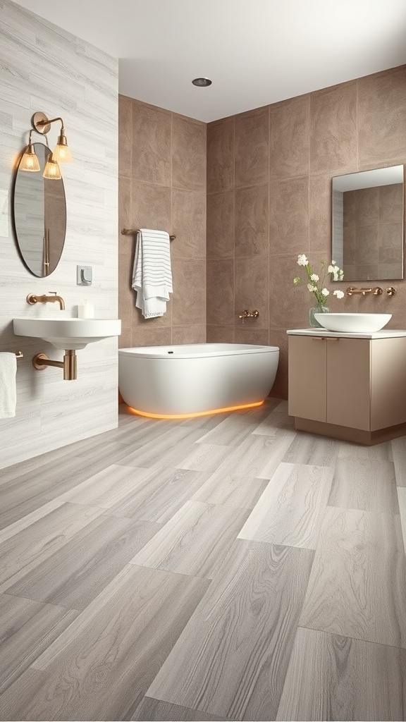 Modern bathroom with laminate flooring and stylish fixtures.