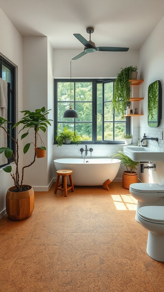 A modern bathroom featuring cork flooring, a freestanding bathtub, and plants for a natural touch.