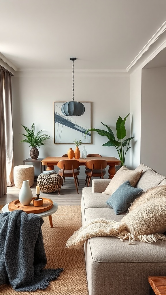 A cozy living room and dining room combo featuring soft throws, a woven rug, and wooden decor.