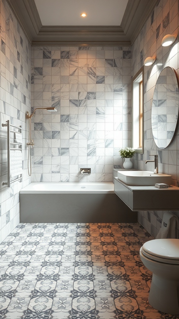 A stylish bathroom featuring mosaic floor tiles with creative patterns.