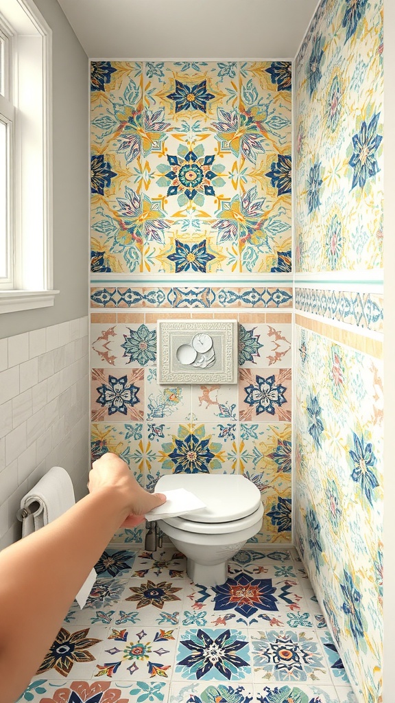 Colorful peel and stick tiles in a bathroom setting