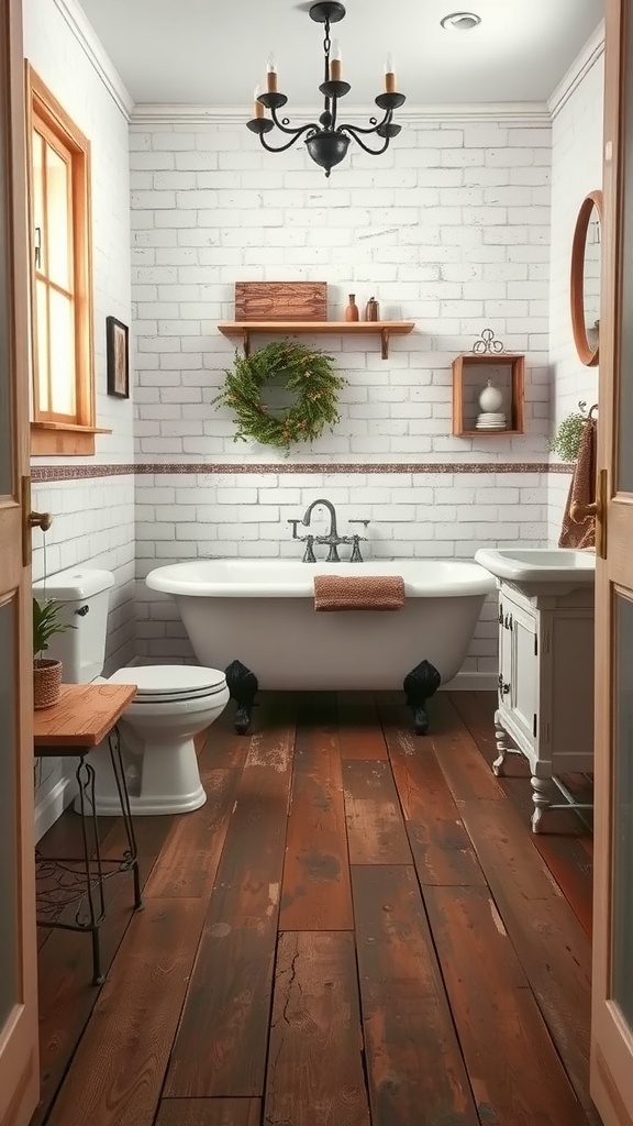 A cozy bathroom featuring reclaimed wood flooring, a vintage bathtub, and rustic decor.
