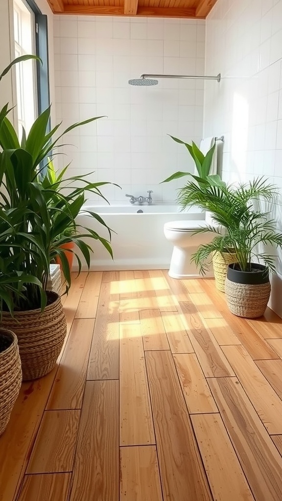 Bamboo flooring in a bright bathroom with plants.