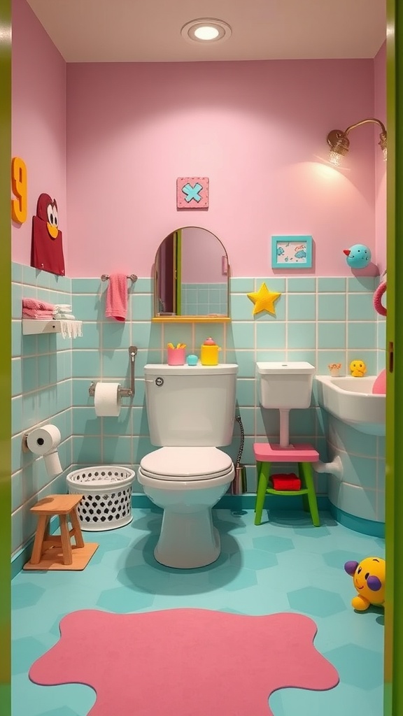 A colorful bathroom with vinyl flooring in shades of turquoise and pink, decorated with playful accessories.