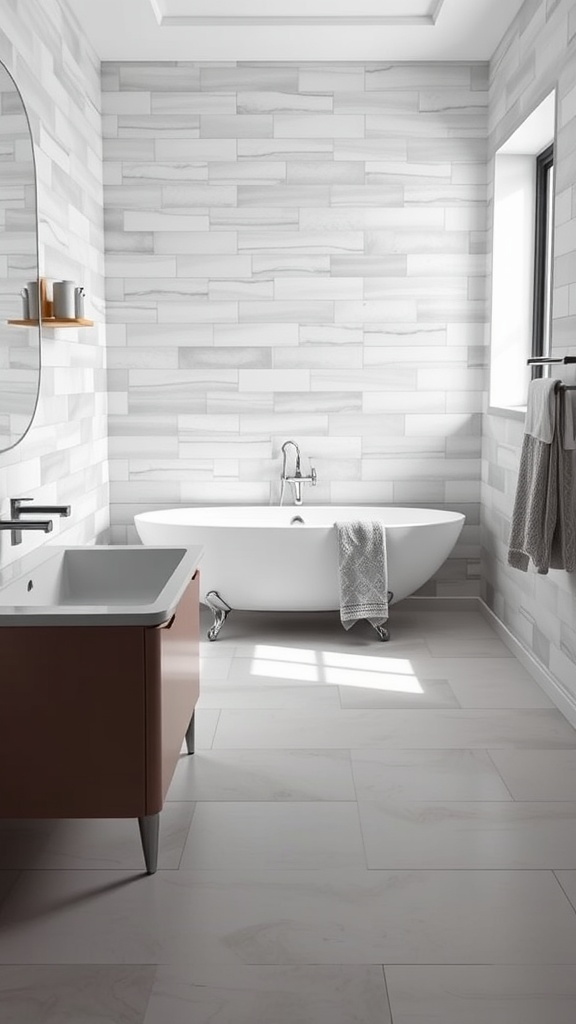 A stylish bathroom featuring classic tile look vinyl flooring, a freestanding tub, and modern fixtures.