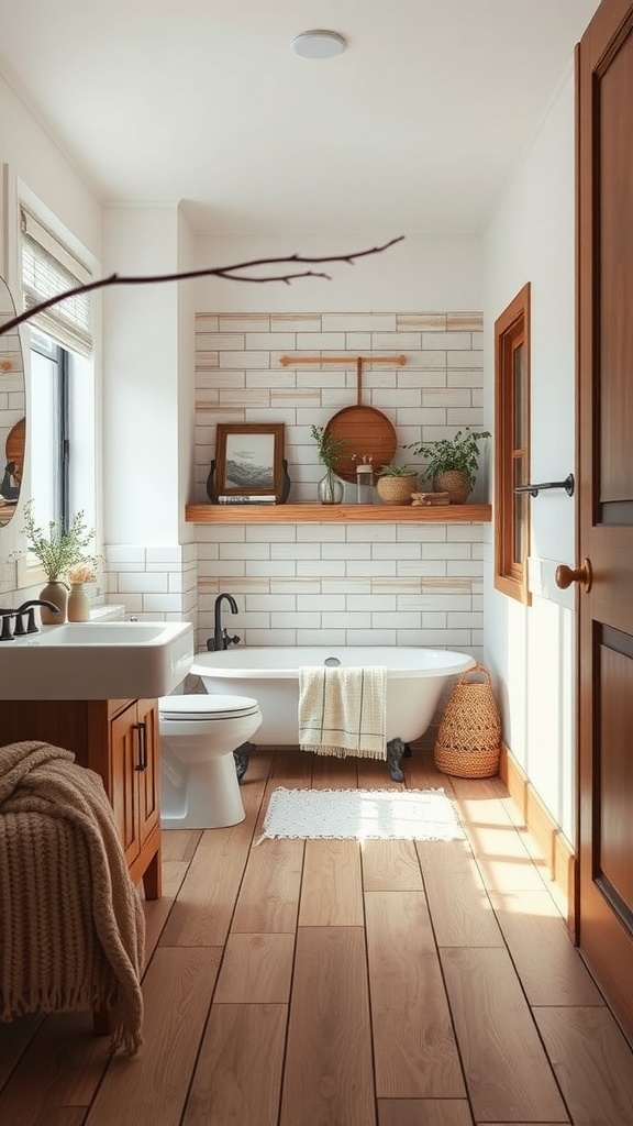 A bright bathroom featuring rustic farmhouse vinyl flooring, a freestanding bathtub, and wooden accents.