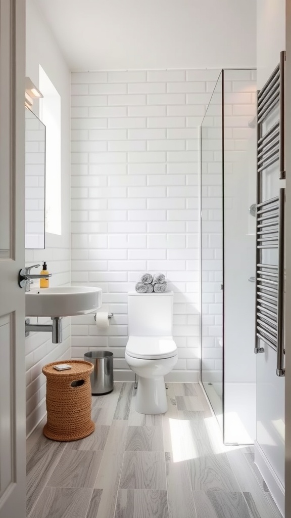 A modern small bathroom featuring luxury vinyl flooring.