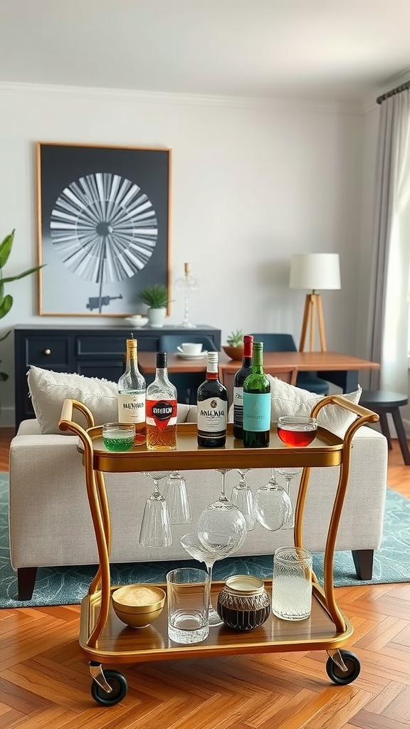 A well-decorated bar cart with various bottles and glassware in a cozy living room setting.