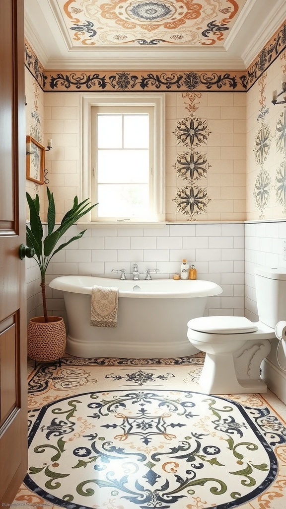 A beautifully designed bathroom showcasing intricate vinyl flooring patterns with decorative borders.