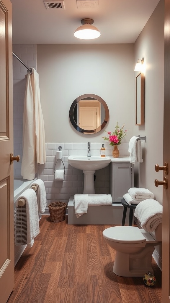 A warm and inviting bathroom with wood-look vinyl flooring.