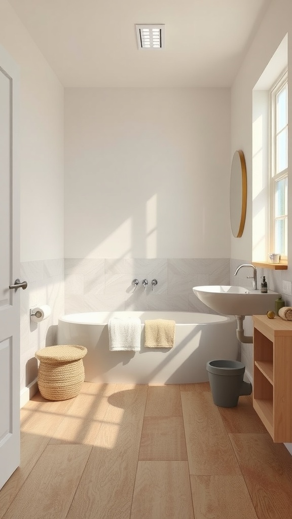 A bright bathroom featuring subtle earth tone vinyl flooring, a bathtub, and a sink with natural light coming through the window.