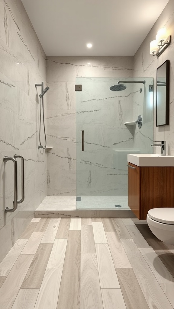 A modern bathroom featuring light-colored luxury vinyl plank flooring.