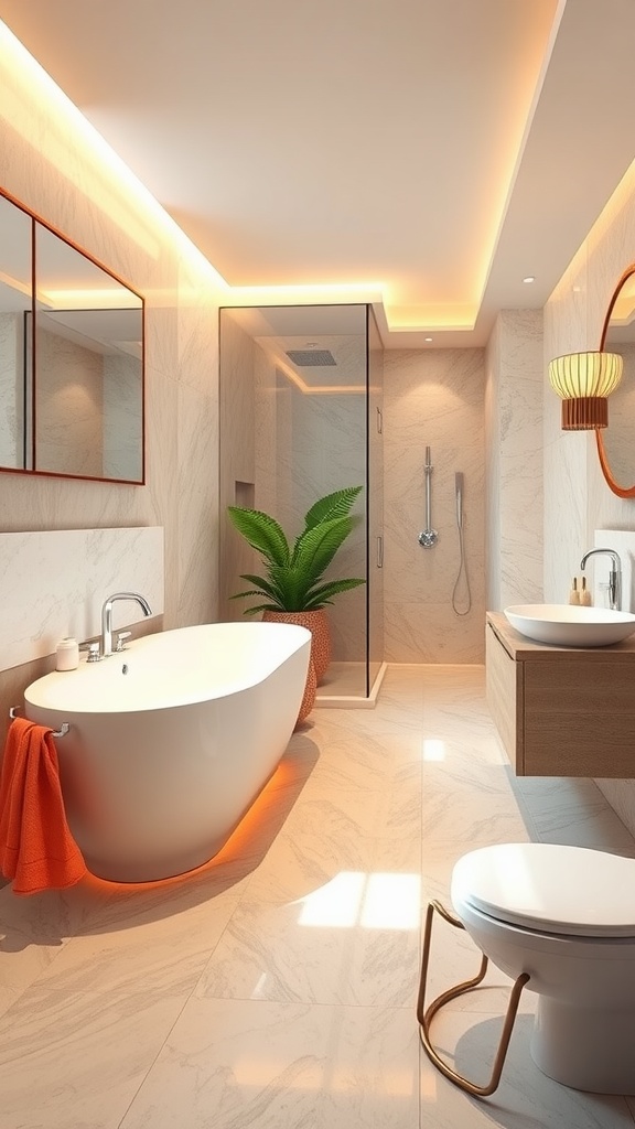 Modern bathroom with vinyl flooring and a bathtub, featuring radiant heating elements.
