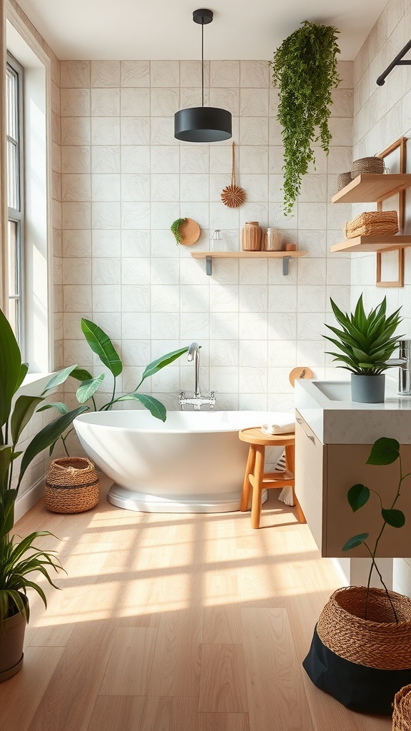 A modern bathroom showcasing eco-friendly vinyl flooring, plants, and natural light.