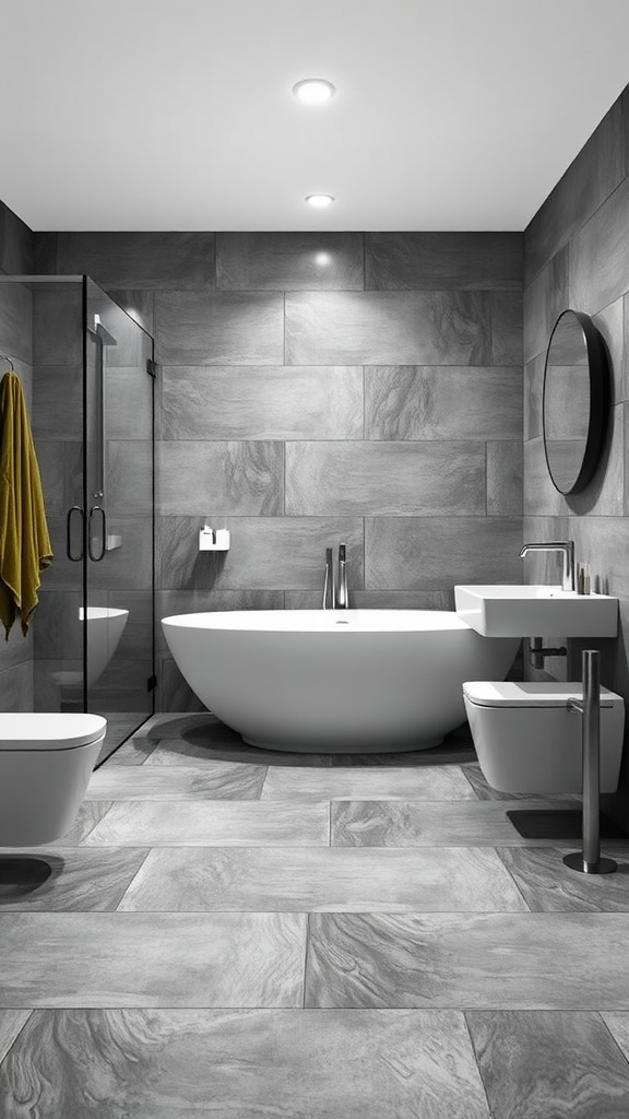 A modern bathroom featuring slate look vinyl flooring, showcasing a stylish design with a bathtub and shower.